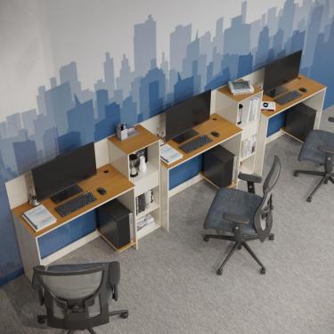 Imagem de Conjunto De Escritório Tech 2 Livreiro E 3 Mesas 90cm - Vian - Off White E Cedro Off White E Cedro