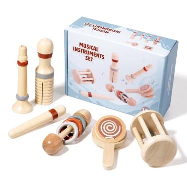 Imagem de Montessori Conjunto de Instrumentos Musicais para Bebês, Brinquedos Educativos de Madeira, Percussão Infantil com Castanholas, Maraca e Tambor, Natural e Laranja