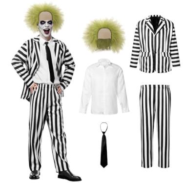 Imagem de SERTAS Terno listrado preto e branco, fantasias de Halloween assustadoras para homens, filmes de terror (modelos de cabelo, M)