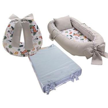 Imagem de Kit Ninho Redutor De Berço + Almofada Amamentação + Trocador Liso Menino (Safari troc cinza)