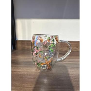 Imagem de Caneca Xícara de vidro duplo com flores artificiais no interior 350ml (02-A)