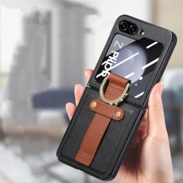 Imagem de Capa de couro para celular para Samsung Galaxy Z Flip 5 Flip5 Flip4 Flip 4 5G Proteção contra quedas Capa de filme de vidro temperado, preta, para Samsung Z Flip 5