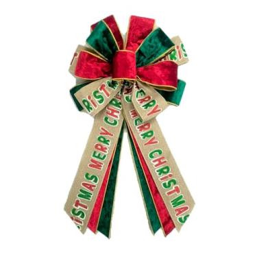 Imagem de Grande laço de guirlanda com palavras de Feliz Natal - Grande laço de veludo vermelho verde para decoração de porta da frente, parede, cerca, topo de árvore, suprimentos de decoração de festa de Natal