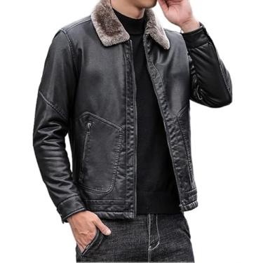 Imagem de Jaqueta bomber masculina de couro sintético, clássica, lapela, gola de pele, com bolso, zíper completo, leve, manga comprida, inverno (Color : Black Lined, Size : XL)