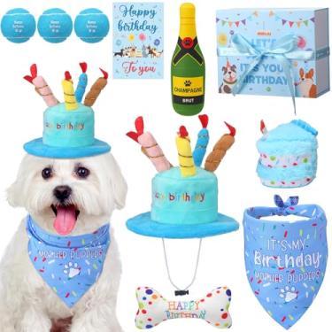 Imagem de Vertintong Conjunto de brinquedos de aniversário para cães, 10 peças, presentes de aniversário de pelúcia para cães pequenos, médios, bolo, osso, garrafa de vinho, chapéu, babador, bola de cartão