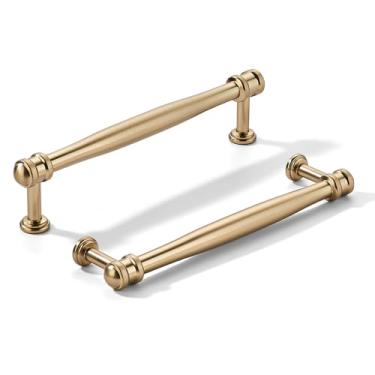 Imagem de khtumeware Pacote com 10 puxadores de armário de latão escovado central de 6 polegadas (152 mm), alça sólida para armário de cozinha resistente, ferragens de armário para penteadeira, puxador de