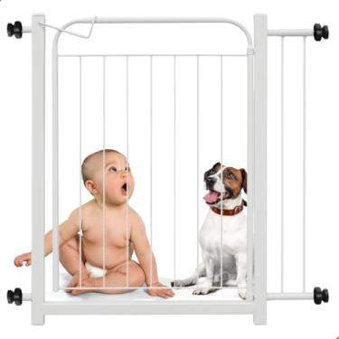 Imagem de Portão Portãozinho de Segurança Pet 70x80cm + Extensor 10cm Proteção Bebes Crianças Cães Cachorros Protetor Porteira Vãos Corredor Porta Grade - Branco
