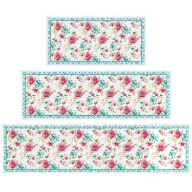 Imagem de InIsaJace Conjunto de 3 tapetes de cozinha florais para piso, tapetes decorativos de cozinha antiderrapantes, tapetes florais laváveis para entrada, pia, corredor, lavanderia (40 x 71 + 40 x 128 + 40