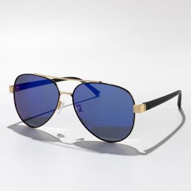 Imagem de Óculos de sol clássicos polarizados para homens – Óculos de sol com armação aviador grande, proteção UV para dirigir golfe, atividades ao ar livre, Armação preta e dourada/lente espelhada azul, Lens