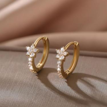 Imagem de Brincos de argola elegantes e requintados com flores de zircônia cúbica elegantes banhados a ouro doce para mulheres, uso diário, casamento, noivado, dia dos namorados, presente de dia das mães