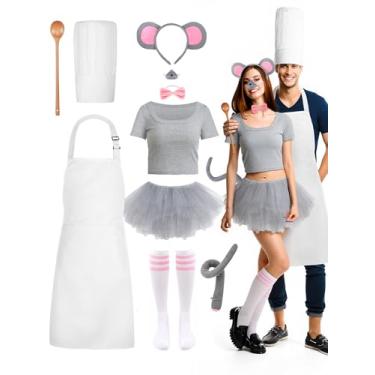 Imagem de Hillban 10 peças de acessórios para fantasia de casal de ratos de Halloween, saia tutu, chapéu de chef, avental para festa de cosplay de Halloween, Branco, cinza, marrom, rosa, Large