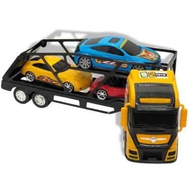 Imagem de Top Truck Caminhão Cegonheira com 3 Carros Esportivos, Amarelo, 54cm, Brinquedo Transportador de Carros em Polipropileno, Dois Andares com Rampa