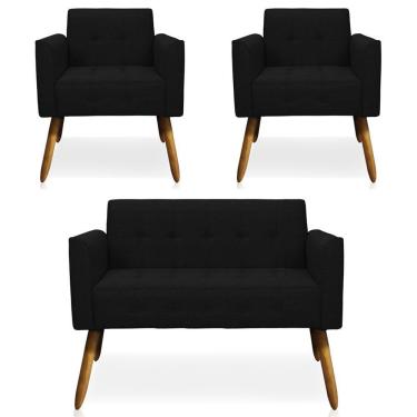 Imagem de Conjunto 2 Poltronas E 1 Namoradeira Pés Palito Linho Preto