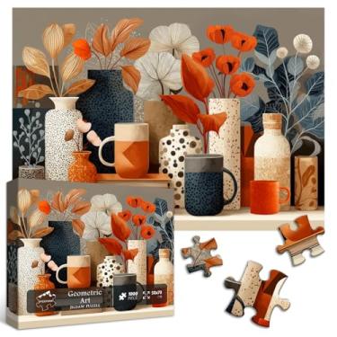 Imagem de PICKFORU Geometric Vase Puzzles for Adults 1000 Pieces, Orange Art Flower Plant Jigsaw Puzzle, Polka Dots Bohemian Theme as Wall Decor