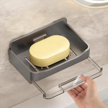 Imagem de Saboneteira de banheiro com gancho sem perfuração, suporte de esponja montado na parede, caixa de armazenamento, saboneteira de drenagem dupla, acessórios de banheiro (cinza)