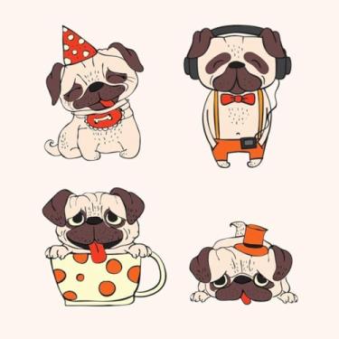 Imagem de Adesivos de Animais Fofos Kawaii Para Quarto Infantil de Crianças com Cartoon de Pug - Conjunto Decorativo 30x30cm