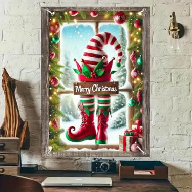 Imagem de BlissYard Banner de capa de janela de Natal, chapéu de elfo e sapatos com placa de Feliz Natal, 78 x 119 cm, decoração de janela, faixa de pendurar na parede, pano de fundo de festa de Natal