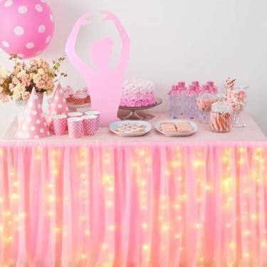 Imagem de SmoothNovelty 2 conjuntos de decorações de festa bailarina saia de mesa de tule rosa e suporte de dança decorações de aniversário de bailarina decorativa com luz LED para chá de bebê princesa