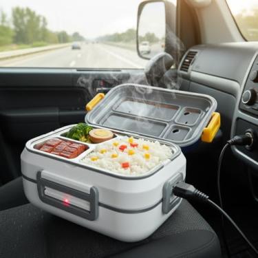 Imagem de Marmita Lancheira Elétrica Portátil com 03 Divisórias em Aço Inoxidável – 110V/220V – 12V/24V – Refeições Quentes – Uso em Casa Carro ou Trabalho – Produto Premium (Azul/Amarelo) (Branco)