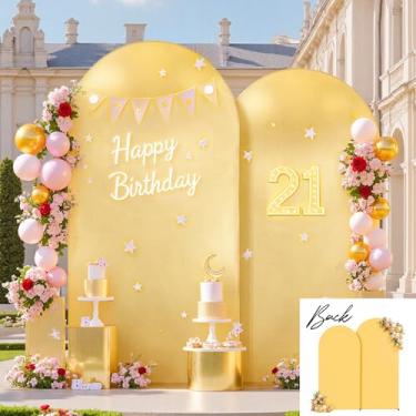 Imagem de Capa de fundo de arco dourado e amarelo para casamento, conjunto de 2 m de elastano elástico para chá de bebê, decoração de festa de aniversário, capa de pano de fundo Chiara com design frente e verso