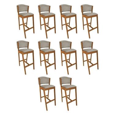 Imagem de Kit 10 Banquetas Alta De Madeira Maciça Cerejeira Premium Ana Com Encosto Linho Bege - Cor: Bege