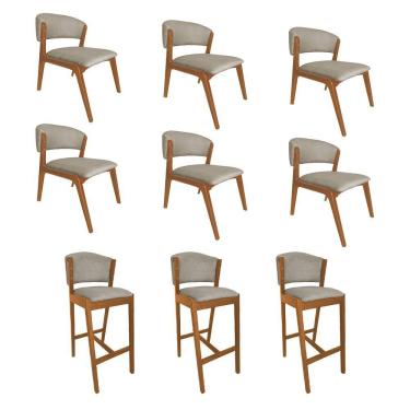 Imagem de Kit 6 Cadeiras Kethellen Premium Com 3 Banquetas Ana Em Madeira Maciça Cerejeira Linho Bege