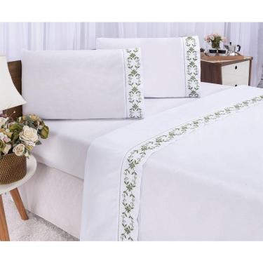 Imagem de Jogo Lençol Veneza Quarto Casal King Bordado 4 Peças 2fronha Cor: Branco Com Verde Musgo