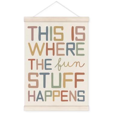 Imagem de TWRVI Cabide de pôster de sala de jogos infantil com moldura de madeira, This Is Where the Fun Stuff Happens Decoração de arte de parede para quarto, pôsteres de sala de jogos para crianças, meninos
