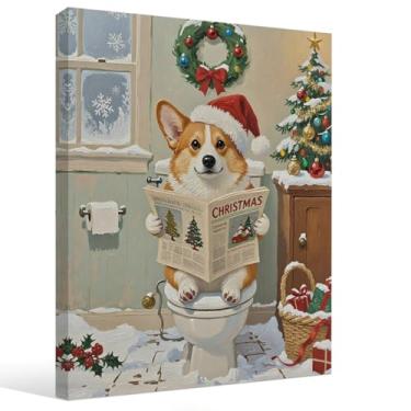Imagem de STHTTSW Arte de parede de banheiro de cachorro de Natal, lindo Corgi dourado em tela de vaso sanitário, decoração de parede de banheiro de férias, tela de Natal vintage para banheiro, casa de banho
