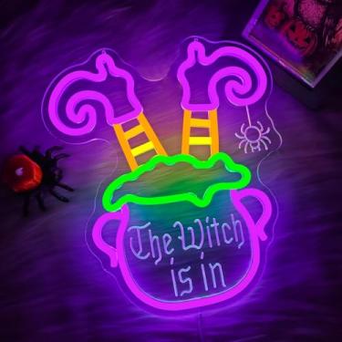 Imagem de hhuohuona Sinal de néon de Halloween regulável pernas de bruxa no caldeirão placa de LED A bruxa está em sinal de bruxa má luzes neon decoração de parede de Halloween para janela de casa varanda