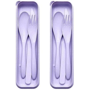 Imagem de Conjunto de utensílios de viagem reutilizáveis com estojo, 2 conjuntos de colheres de garfo de faca portáteis de palha de trigo, talheres de acampamento para lancheira, utensílios de mesa de plástico