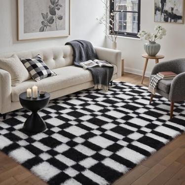 Imagem de HUGEAR Tapete quadriculado 15 x 23 cm para sala de estar, preto e branco, moderno, lavável, tapete de área grande, supermacio, tapete felpudo fofo aspirável para quarto, decoração de casa