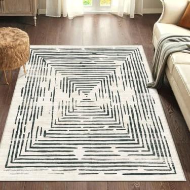 Imagem de BLISSA Tapete lavável 10 x 15 cm – Tapete macio moderno para sala de estar, antiderrapante, ultrafino, preto, branco, linhas bordadas, tapete abstrato para quarto, sala de jantar, embaixo da mesa