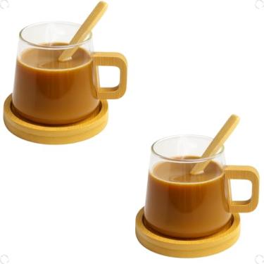 Imagem de Xícara de Café em Vidro 300ml com Alça, Base e Colher de Bambu – Conjunto Elegante para Café, Chá e Cappuccino (2 unid)