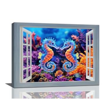 Imagem de Arte de parede cavalo marinho oceano cavalo marinho decoração de parede janela aberta vista vida marinha pintura em tela arte moderna decoração de casa para banheiro quarto escritório sala de estar