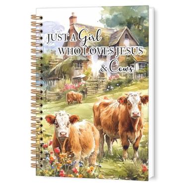 Imagem de TWRVI Caderno Highland Cows, presentes de vaca para mulheres, Just a Girl Who Loves Jesus & Cows, caderno pautado na faculdade, material escolar, cadernos de diário de vaca, 14 x 8,7 cm, 164 páginas