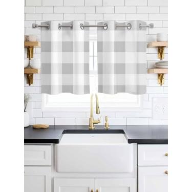 Imagem de Cortinas blecaute xadrez cinza branco búfalo 99 cm comprimento 2 painéis, cortina de janela superior xadrez rústica para sala de estar/cozinha, cortinas geométricas modernas com isolamento térmico 70