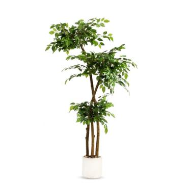 Imagem de Árvore de ficus artificial de 1,8 m com plantador e seixos brancos, árvore sintética com folhas realistas e tronco realista, planta alta em vaso falso para decoração de casa interna e externa