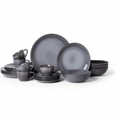Imagem de Famous Haus Conjunto de louça de grés premium escuro e cinza Aegis – Serviço moderno de 20 peças para 4 – pratos, tigelas e copos feitos à mão com esmalte reativo, altamente durável, seguro para