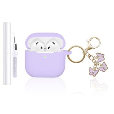 Imagem de AZGYIAI Capa compatível com Apple AirPods 4ª geração (2024), capa de silicone macio para AirPods 4 com chaveiro borboleta e kit de limpeza para meninas e mulheres (roxo)