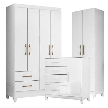 Imagem de Guarda Roupa Solteiro Chile Com Cômoda Vênus Com Pés E Armário Multiuso New íris Branco Brilho - Moval