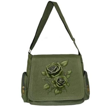 Imagem de VODIU Bolsa carteiro com padrão personalizado, bolsas transversais de lona fofas para mulheres/homens, bolsas de ombro Hobo com bolsos, Rosa verde, Medium