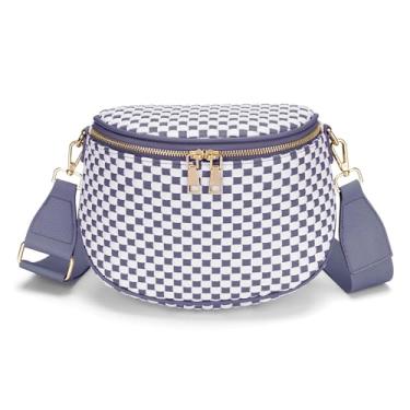 Imagem de FODOKO Bolsa tiracolo de tecido para mulheres de couro vegano, bolsa quadriculada com cinto, bolsas de ombro, Tecido xadrez roxo e branco, Couro vegano tecido