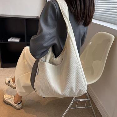 Imagem de 1 bolsa de veludo cotelê moderna para mulheres, bolsa casual de cor sólida, bolsa de ombro grande para trabalho e uso diário, branca