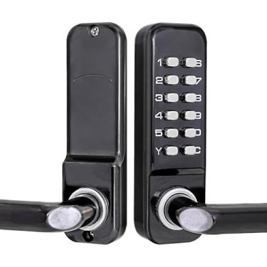 Imagem de Fechadura mecânica com botões pretos, trava de portão sem chave, liga de zinco, ajustável para portas de 30 a 65 mm, adequada para uso interno e externo