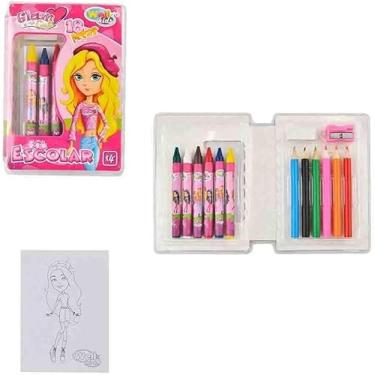 Imagem de Kit Escolar Infantil com 6 Lápis de Cor, 6 Gizes de Cera, 4 Desenhos para Colorir, Borracha e Apontador