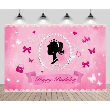 Imagem de CHNYWORK 1,5 x 1,2 m, pano de fundo de feliz aniversário, tema rosa, boneca, aniversário, coroa de borboleta, fundo de diamante, tema rosa, boneca, festa de nascimento, chá de bebê, adereços para