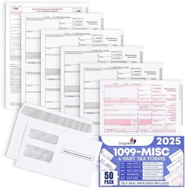 Imagem de 1099 MISC Forms 2024, formulários fiscais a laser de 4 partes, kit de 50 fornecedores com 50 envelopes autovedantes – Ótimo para QuickBooks e software de contabilidade, 2024 1099 MISC