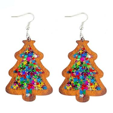 Imagem de Brincos de Natal femininos - Brincos pendentes de árvore de Natal - Brincos pendentes de glitter vermelho e verde brilhante, acessórios de joias para festas festivas, Small, Metal, Sem pedra preciosa