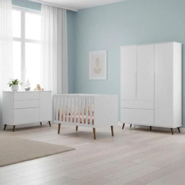 Imagem de Quarto Para Bebê Completo Melinda com Roupeiro Cômoda e Berço Branco -